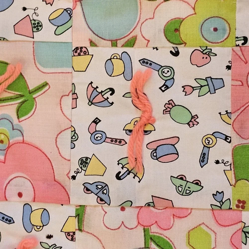 60s 70s Pink Retro Floral Patchwork Quilt Baby Girl‎ Blanket Tummy Time